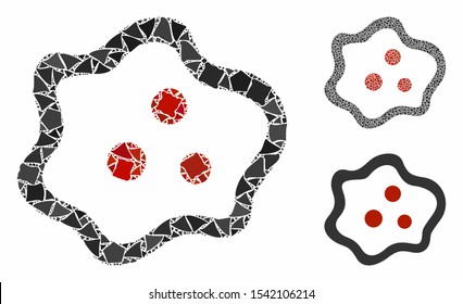 Amoeba mosaic of bumpy elements in different sizes and color tints, based on amoeba icon. Vector raggy elements are composed into collage. Amoeba icons collage with dotted pattern.