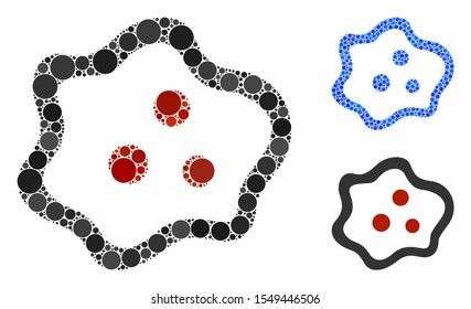 Amoeba mosaic of small circles in variable sizes and color tints, based on amoeba icon. Vector small circles are composed into blue illustration. Dotted amoeba icon in usual and blue versions.