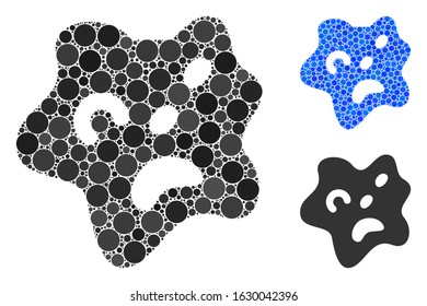 Amoeba mosaic of small circles in various sizes and color tints, based on amoeba icon. Vector small circles are combined into blue mosaic. Dotted amoeba icon in usual and blue versions.
