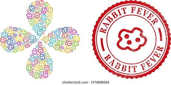 Amoeba multi colored centrifugal flower with 4 petals, and red round RABBIT FEVER rubber badge. Amoeba symbol inside round seal. Object centrifugal explosion done from random amoeba items.