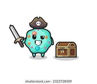 the amoeba pirate character holding sword beside a treasure box , cute style design for t shirt, sticker, logo element