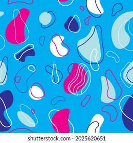Amoeba seamless pattern in bright blues and pink colors. Repeat background with abstract shapes and forms. Modern amoebae art texture with flowing and liquid effect.