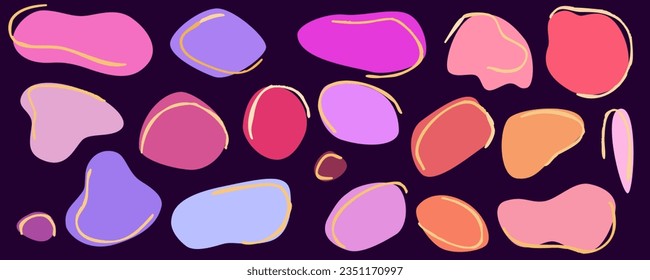 Amoeba shape figure abstract set. Amoeba irregular blob varios form. Colorful color organic bubble liquid. Vector illustration. Round figure organic form.