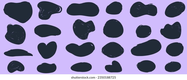 Amoeba shape marker figure abstract set. Amoeba irregular blob varios form. Black color organic bubble liquid. Vector illustration. Round figure organic form.