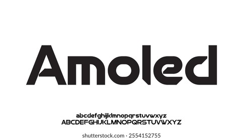 Amoled, Modern abstract digital tech font. Logo creative font, type, technology, movie, digital, music, movie. Font and illustration in vector format.
