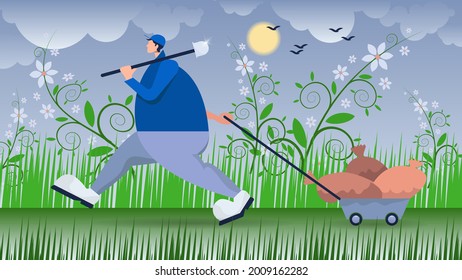 entre la hierba y las flores, sobre el fondo del cielo con el sol, las nubes y las siluetas de los pájaros voladores, un agricultor sostiene una pala y lleva un carro con bolsas en las que yacen las verduras.vector
