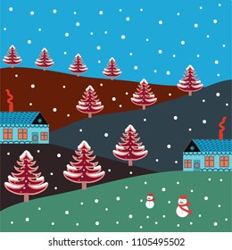Among hills. Freehand drawn cartoon style. Vector village countryside scene background. Colorful cute outdoors landscape. Rural community on neutral, pink, purple, white and violet colors.