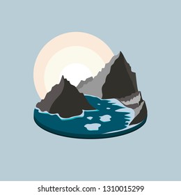 Among the mountains floating on the river ice. Vector image