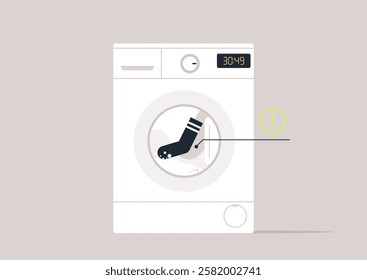 Among a pile of freshly washed whites, a solitary black sock stands out, caught in the spin cycle of a washing machine, representing the quirks of doing laundry at home