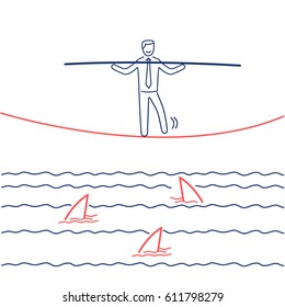 Among sharks. Vector business illustration of businessman balancing over the water full of sharks | modern flat design linear concept icon and infographic red and blue on white background