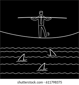 Among sharks. Vector business illustration of businessman balancing over the water full of sharks | modern flat design linear concept icon and infographic white on black background
