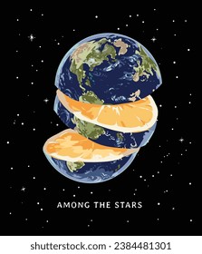 among the star slogan with globe fruit slice vector illustration