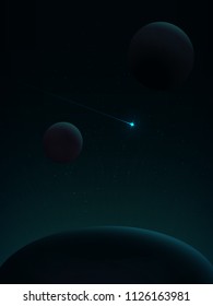 Among the stars flying comet. View from space. Space landscape in green tones. Space travel. The energy of nuclear decay or quantum leap in the energy levels of the atom.