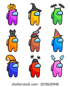 Among us halloweens characters. Game set astronauts by role in festive halloween hats, Amongus character cartoon graphic designs, Neat vector illustration, cartoon character mascot with hat pumpkin