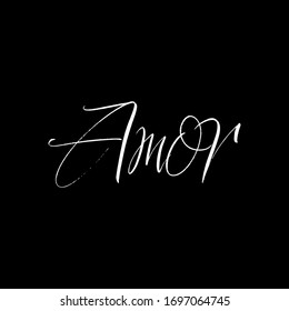 Amor brush paint hand drawn lettering on black background. Love in spanish language design templates for greeting cards, overlays, posters