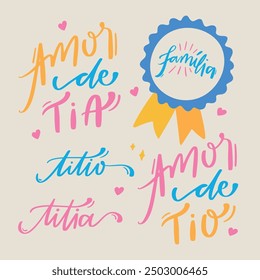 Amor de tia e tio família Familia tío y tía amor en portugués brasileño. Letras modernas de la mano. Vector.