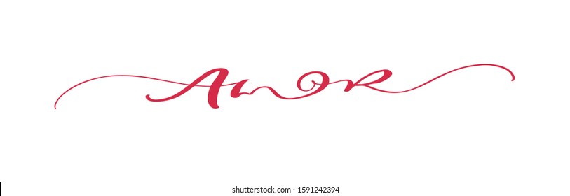 Amor hand drawn phrase. Love in Spanish. Lettering text for Valentines day. Ink red illustration. Modern brush calligraphy. Isolated on white background.