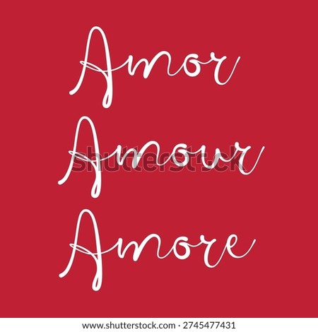 Amor handwritten script typography on red background. Minimal romantic love lettering vector design ideal for Valentine’s Day cards, wedding invitations, apparel prints and decorative projects.