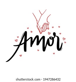 Amor. Love. Brazilian Portuguese Hand Lettering Calligraphy with hands draw. Vector.
