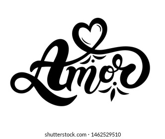 Amor. Love in Portuguese. Hand drawn lettering. Vector illustration. Perfect logo for Wedding or Valentine's day design