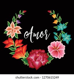 Amor (Love in Spanish) Card. Embroidery Style from Oaxaca, Mexico - Floral Composition – Copy Space
