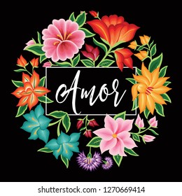 Amor (Love in Spanish) Card. Embroidery Style from Oaxaca, Mexico - Floral Composition – Copy Space