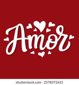 Amor, spanish translation: love. Hand lettering word with hearts on red background. Vector typography for Valentine's day decorations, cards, poster, banner