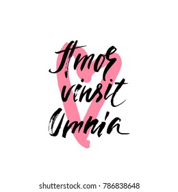 Amor vinsit omnia latin phrase. Translation: Love conquers all. Inspirational calligraphy quote. Hand drawn typography design. Vector illustration EPS 10 isolated on white background.