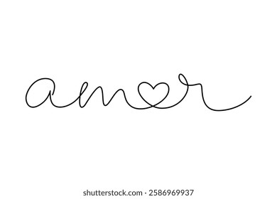 Amor word in Portugal, drawn with continuous line hand lettering, love, handwriting, declaration of love, valentine day, heart shape, calligraphy card lettering, one line, stroke, editable contour