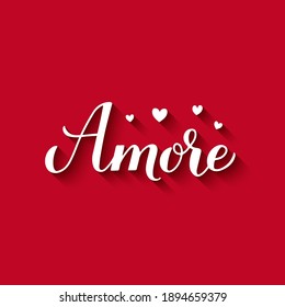 Amore calligraphy, hand lettering on red background. Love in Italian. Valentines day greeting card. Vector template for typography poster banner, postcard, flyer, etc.