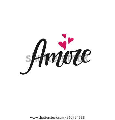 Amore - hand drawn lettering word with pink hearts. Vector art.