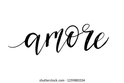 Amore lettering card design. Word love in italian, modern brush calligraphy bunner, poster, tshirt. Black text isolated on white background.