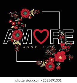 Amore lettering with letter o in the shape of a heart on white background. Vector illustration.