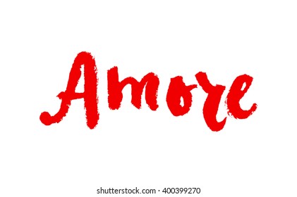 Amore. Love in Italian. Hand lettering calligraphy marker in hearts background. Vector for romantic cards for Valentines day or wedding.