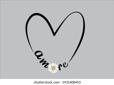Slogan del mensaje Amore (amor) con diseño vectorial de margarita