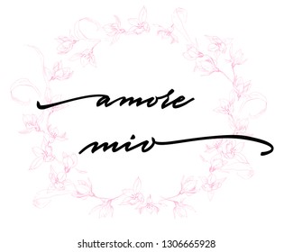 Amore mio Happy Valentine's Day Hand Lettering - Typographical Background Set with ornaments, hearts, ribbon, angel and arrow