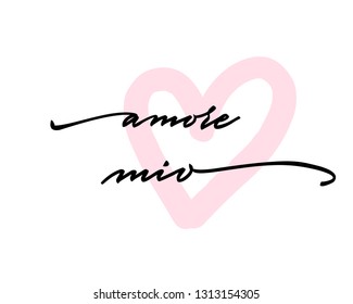 Amore mio Happy Valentine's Day Hand Lettering - Typographical Background Set with ornaments, hearts, ribbon, angel and arrow