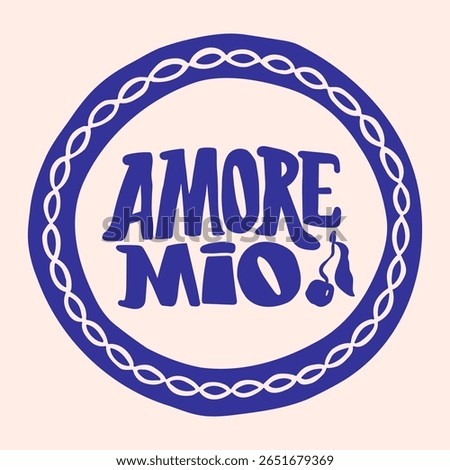 Amore Mio (My Love) lettering in hand drawn summer doodle print. Beach Mediterranean vibes. Retro postcard clipart in coastal, naive, minimal design. Perfect for travel, fashion, and decor