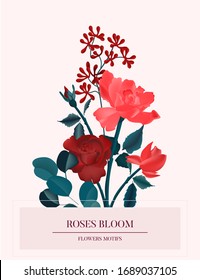 Amore red roses romantic flower card. Nature botanical spring concept, holiday greeting save the date card.  Hand-drawn vector wild garden rose bouquet illustration.