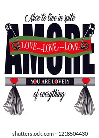 amore slogan with secure pin and ribbon illustration