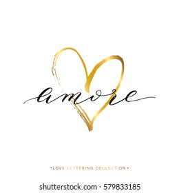 Amore text with gold heart isolated on white background, love in Italian, hand painted letter, golden vector love lettering for greeting card, poster, invitation, wedding, handwritten calligraphy