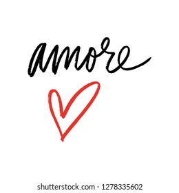 Amore text with red heart isolated on white background, italian letter handwritten calligraphy. Fashion postcard or banner. Vector and jpg image, clipart.