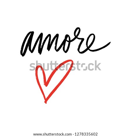 Amore text with red heart isolated on white background, italian letter handwritten calligraphy. Fashion postcard or banner. Vector and jpg image, clipart.