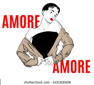 Amore. Vector hand drawn illustration of girl isolated. Creative artwork. Template for card, poster, banner, print for t-shirt, pin, badge, patch.