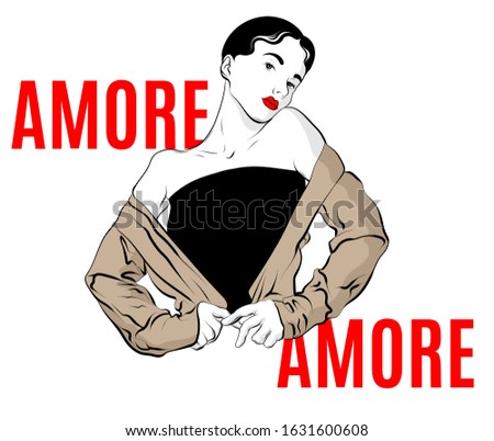 Amore. Vector hand drawn illustration of girl isolated. Creative artwork. Template for card, poster, banner, print for t-shirt, pin, badge, patch.