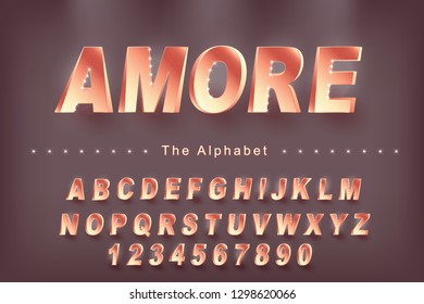 "Amore" Vector of modern bold font and alphabet, typeface, letters and numbers, typography. Vector of stylized colorful and creative alphabet. Exclusive Letters Typography.