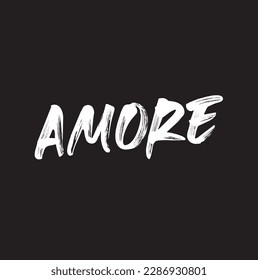 Amore word, Love in Italian. Vector phrase for Valentine's day. Modern brush calligraphy quote and watercolor imitation red heart, isolated on black background.