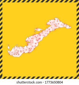 Amorgos closed - virus danger sign. Lockdown island icon. Black striped border around map with virus spread concept. Vector illustration.