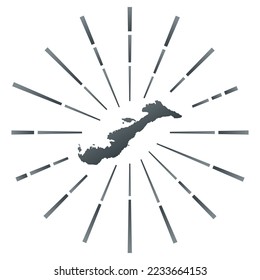 Amorgos gradientado estallido de sol. Mapa de la isla con coloridos rayos estelares. Ilustración de Amorgos en digital, tecnología, internet, estilo de red. Ilustración vectorial.