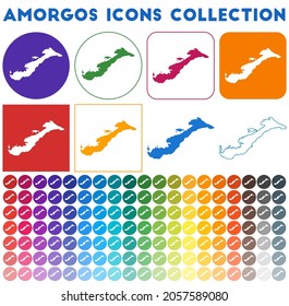 Amorgos icons collection. Bright colourful trendy map icons. Modern Amorgos badge with island map. Vector illustration.